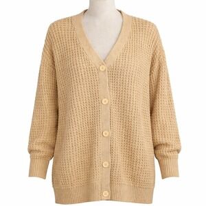 Qualfort Chunky Waffle Knit Button Cardigan Size M Beige Cottagecore Preppy